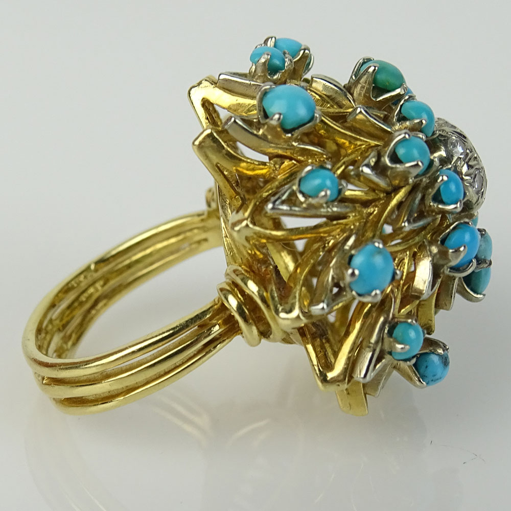 Lady's Vintage 18 Karat Yellow Gold, Single Cut Diamond and Turquoise Cluster Ring. Unsigned. Good - Image 3 of 6