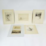 Lot of 6 antique etchings including 3 works by James Bourquin, American (1875-1956) signed in