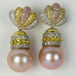 Lady's 14mm Pink Pearl, Approx. 2.0 Carat Pave Set Round Cut Pink, White and Yellow Diamond and 18