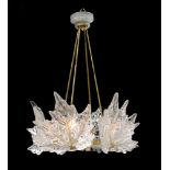 Lalique "Champs- Elysees" 1 Tier Chandelier. Hexagonal gilt bronze frame, 6 glass leaf form mounts