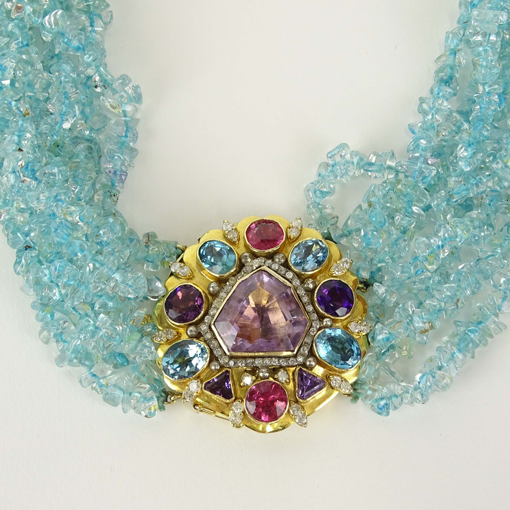 Lady's Vintage Blue Topaz Bead Torsade Necklace with 10 Karat Yellow Gold Clasp Set with Amethyst, - Image 2 of 4
