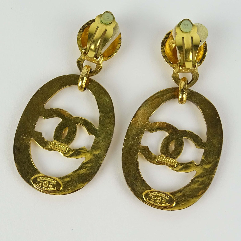 Large Pair of Chanel, Made in France Gold Tone Logo Earrings. Signed. Good condition with box. - Image 2 of 4