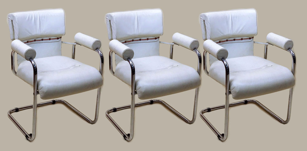 Set of Three (3) 1970's Guido Faleschini, Leather and Chrome Chairs. White leather accented with