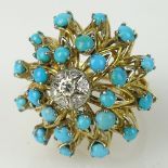 Lady's Vintage 18 Karat Yellow Gold, Single Cut Diamond and Turquoise Cluster Ring. Unsigned. Good