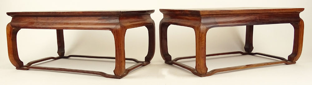 Pair 19/20th C Chinese H'uang H'uali Marble Top Rectangular Stands. Concave frieze raised on - Image 2 of 7