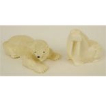 Lot of 2 Hand Carved Walrus Ivory Alaskan Animal Figurines. "Walrus" and "Polar Bear". The bear with