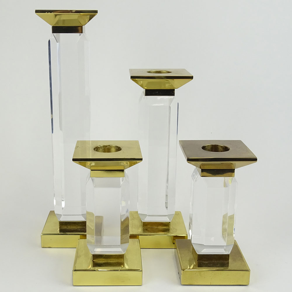 Charles Hollis Jones Four (4) Piece Suite of Pedestal Style, Beveled Lucite and Brass