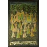 20th Century Indian Pishwa Painting On Silk. "Figures and Elephants in Lush Jungle" Unsigned.