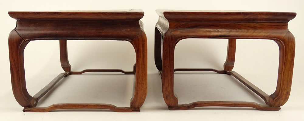 Pair 19/20th C Chinese H'uang H'uali Marble Top Rectangular Stands. Concave frieze raised on - Image 6 of 7