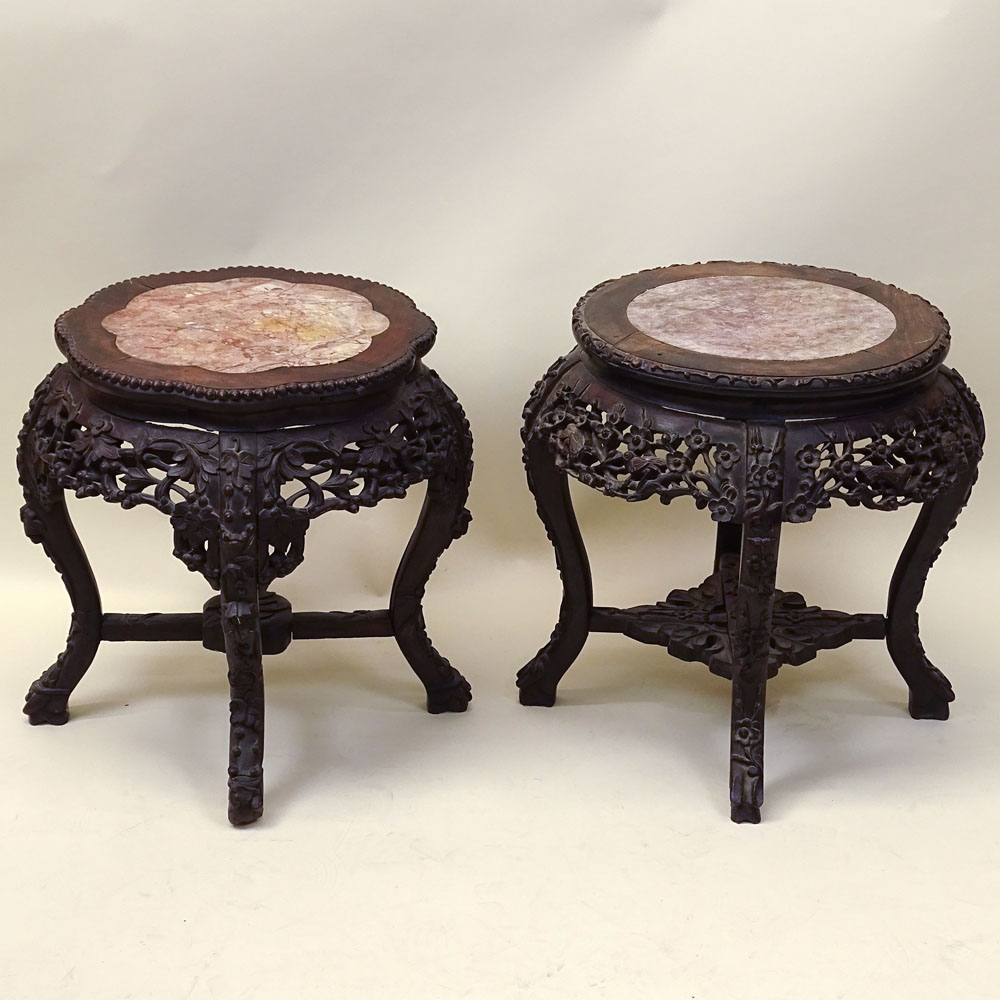 Antique Chinese Carved Hardwood Marble Top Pedestal Tables. Unsigned. Good condition. Measures 19- - Image 4 of 5