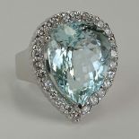 Large Approx. 18.0 Carat Pear Shape Aquamarine, 1.0 Carat Round Cut Diamond and 14 Karat White