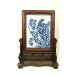 20th Century Chinese Blue and White Porcelain Plaque in Carved Rosewood Frame Stand. Unsigned.