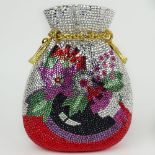 Judith Leiber "Jeweled" Minaudiere Clutch, Drawstring Bag. Signed. Very good condition. Measures 5-