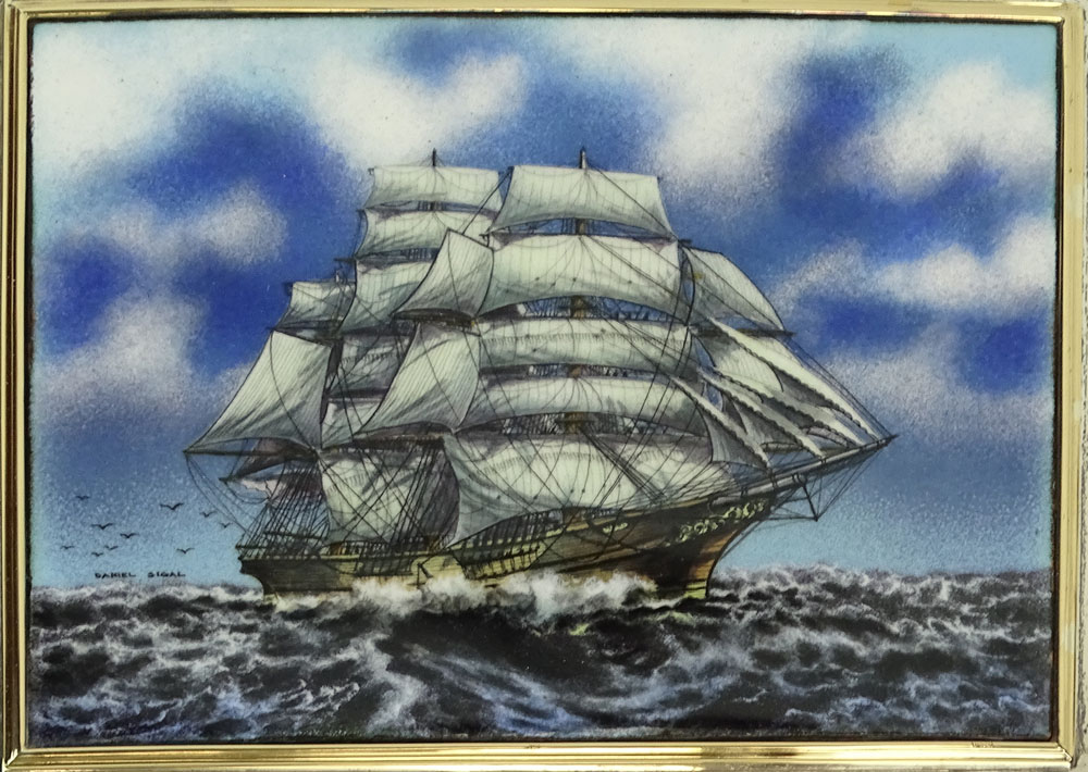 Large Modern Carimati Italian Sterling Silver Box with Inset Hand Painted Porcelain Plaque. "Ship At - Image 3 of 6