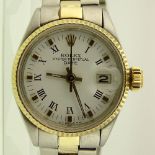 Lady's Vintage Rolex Two Tone Oyster Perpetual Datejust Automatic Movement Watch with Boxes. Minor