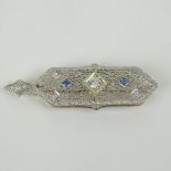 Art Deco 14 Karat White Gold Filligree, Sapphire and Diamond Pendant or Bar Pin. Signed 14K and