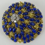Large Vintage Diamond, Lapis and 18 Karat Yellow and White Gold Clip Brooch. Unsigned. Weighs