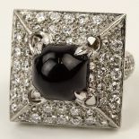 Lady's Vintage Approx. 3.0 Carat Pave Set Round Cut Diamond, Onyx and 14 Karat White Gold Ring.