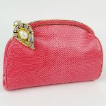 Judith Leiber Snakeskin Clutch with 'Jeweled' Clasp. Signed. Good condition. Measures 5-1/4 inches