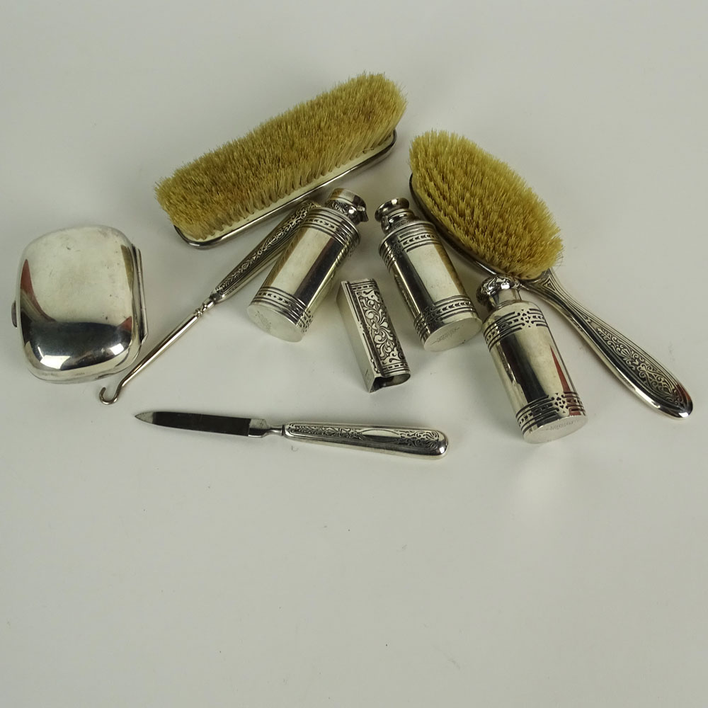 Nine (9) Piece Antique Tiffany & Co. Sterling Silver Travel Vanity Set. This set includes 3 small - Image 9 of 9