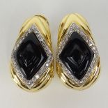Pair of 14 Karat Yellow Gold, Diamond and Black Onyx Ladies Clipback Earrings. Unsigned. Good