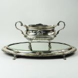 19/20th C Portuguese Silver Tureen Centerpiece on Mirrored Plateau. The open tureen with handles and