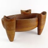 Large Hand Turned Carved Wood Bowl. Features a large center bowl with three legs with bowls carved