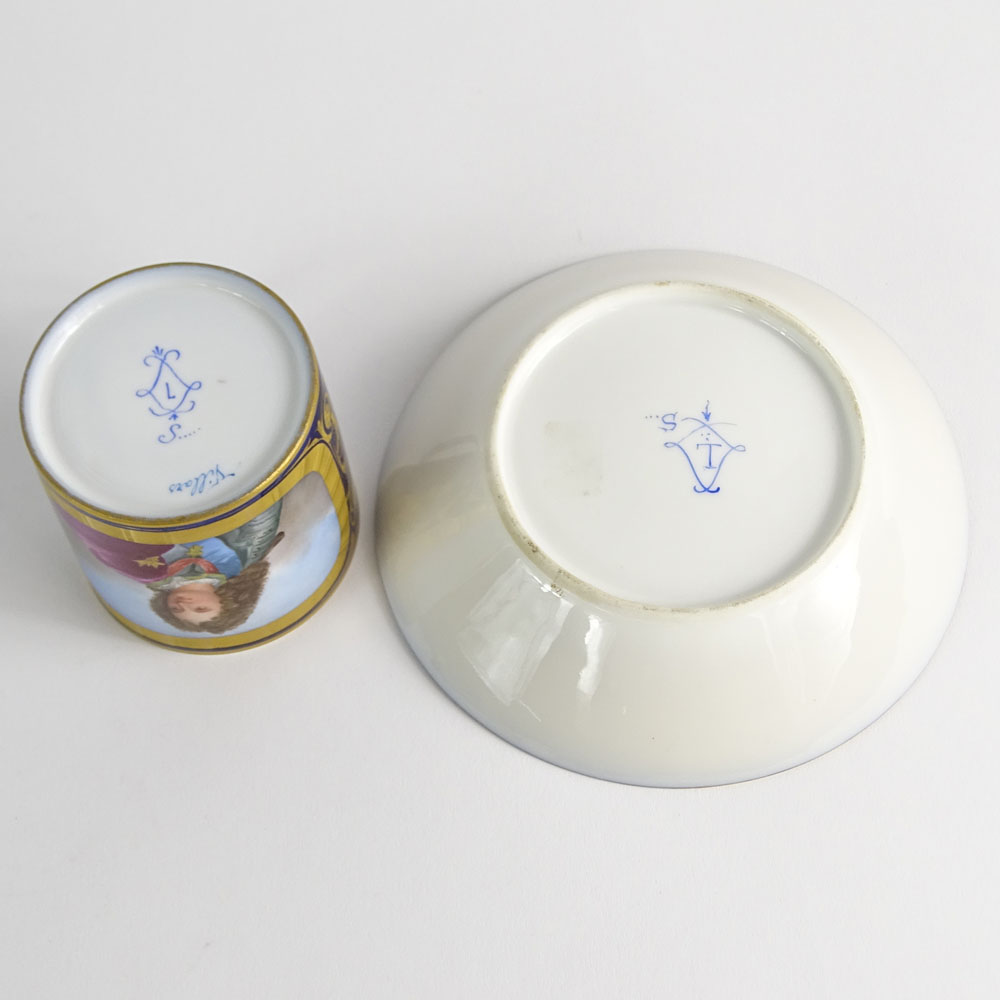 Antique Sevres Porcelain Portrait Cup and Saucer. Signed with Sevres mark. Very good condition. - Image 7 of 9
