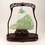 Chinese Carved Celadon to White Jade Plaque Suspended from Carved Wood Table Screen. Unsigned.