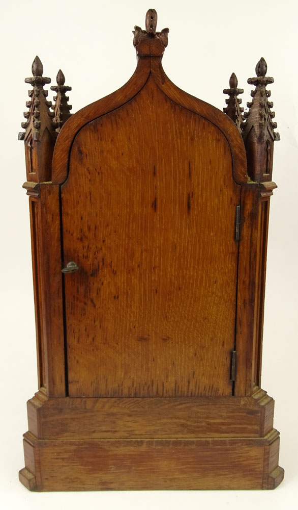 19th Century French Howell & James Moon Phase Mantel Clock with Carved Gothic style Wood Case. - Image 4 of 8