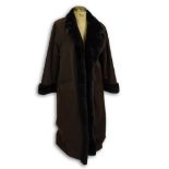 Ladies Sheared Mink Lined Full Length Coat. Brown fabric outer with mink shawl collar and cuffs.