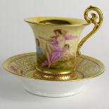 Antique Royal Vienna Porcelain Portrait Cup and Saucer. Romantic scene, raised gilding. Signed