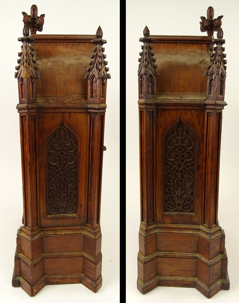 19th Century French Howell & James Moon Phase Mantel Clock with Carved Gothic style Wood Case. - Image 7 of 8