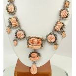 Lady's Vintage Carved Angelskin Coral, Multi Stone and 10 Karat Yellow and White Gold Necklace.