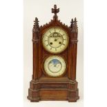 19th Century French Howell & James Moon Phase Mantel Clock with Carved Gothic style Wood Case.