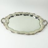 Large Spanish 915 Silver Rococo Style Handled Tray. Signed with Spanish Hallmark. Includes custom