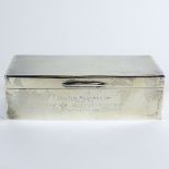 Circa 1950 English Sterling Silver Cigarette Box with Wood Lining. Engraved dedication.