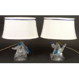 Pair of Lalique Frosted, Clear and Blue Crystal Blue Jay Boudoir Lamps with Silk Shades and Later