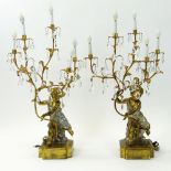 Mid 20th Century Italian Carved and Gilt Wood, Tole and Crystal Figural Putti Five Light Girandoles.