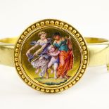 Antique 14 Karat Yellow Gold and Enamel Hinged Bangle Bracelet. Unsigned. Old repair, surface wear
