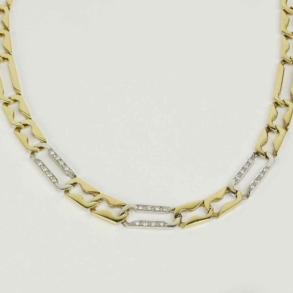 14 Karat Yellow and White Gold with Diamonds, Link Necklace with Safety Lock. Unsigned. Good