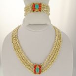 Lady's Vintage Multi Strand Baroque Pearl Necklace and Bracelet Suite, Each with Large 14 Karat