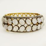 Vintage Moonstone, Single Cut Diamond and Silver Bangle Bracelet. Unsigned. Good condition. Measures
