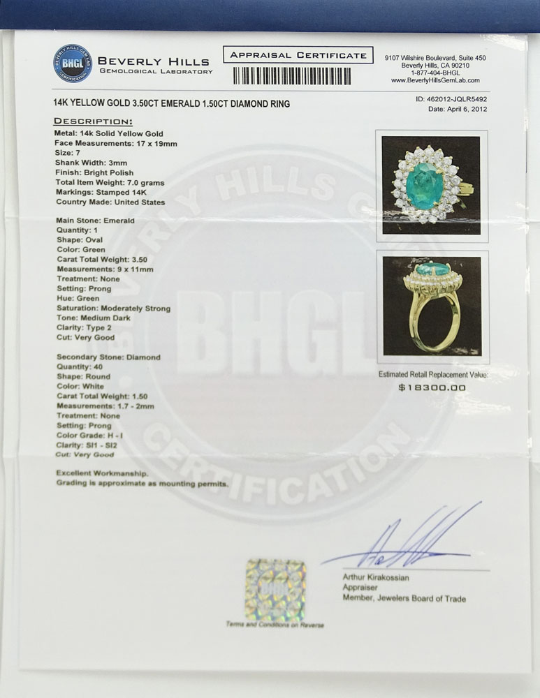 Lady's BHGL Appraised 3.50 Carat Oval Cut Emerald, 1.50 Carat Round Cut Diamond and 14 Karat - Image 6 of 6