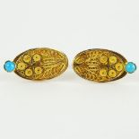 Men's 18 Karat Yellow Gold Filigree and Turquoise Cufflinks. Signed 750. Very good condition.