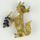 Vintage 18 Karat Yellow Gold Fox Pin accented with Diamonds, Sapphires and Emerald. Signed 18K. Very