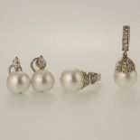 Assembled Four (4) Piece Pearl, Diamond and White Gold Suite Including Ring, Pair of Earrings and