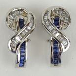 Pair of Lady's Baguette Cut Diamond, Sapphire and 14 Karat White Gold Earrings. Diamonds F-G