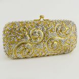 Judith Leiber Gold Tone Metal and Cystal Minaudiere Evening Clutch with Shoulder Chain. Signed. Loss