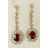 Pair AIG Certified 5.62 Carat Ruby, 3.13 Carat Diamond, 14 Karat Yellow Gold Dangle Earrings. The